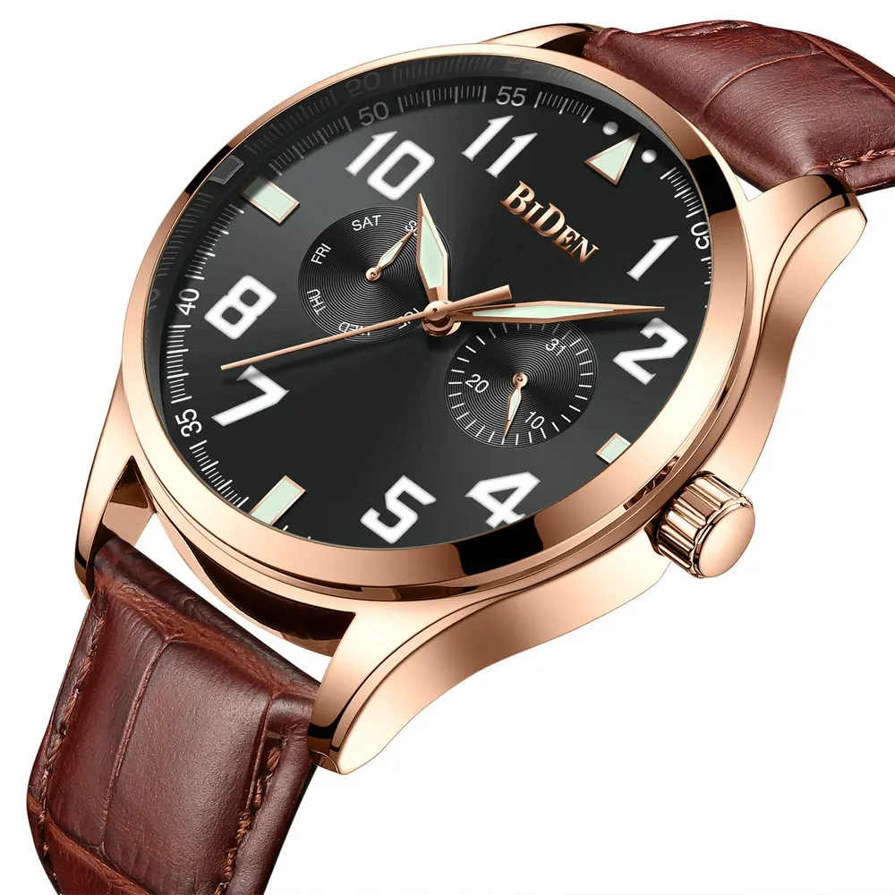 

BIDEN Luxury Brand Man Watch 2019 Waterproof Quartz Sports Watches for Men Genuine Brown Leather Strap Classic Dress Wristwatch