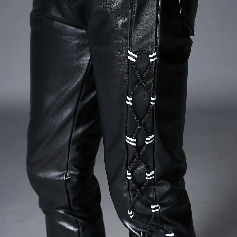 PU Faux Leather Pants For Men Brand Black Fashion Motorcycle Streetwear  Punk Hip HOP Bike Trouesr