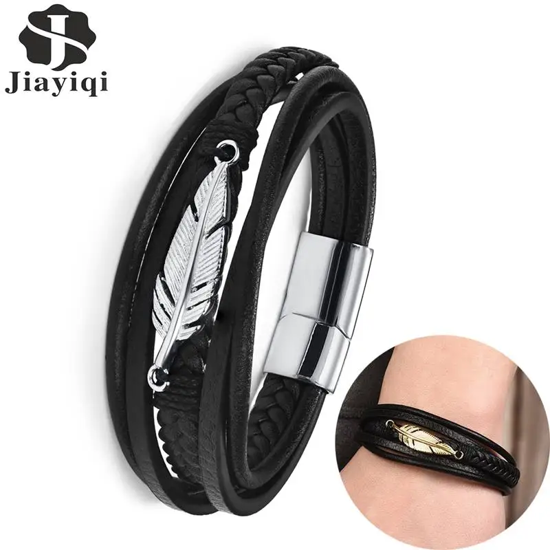 

Men's Bracelet Multi Layer Leather Rope Cuff Bracelet Stainless Steel Feather Charm Magnetic Bangle 2020 Hot Sale Jewelry Gift