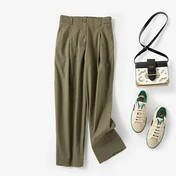 

2020 Spring Summer Women's Cotton Ankle-Length Pants High Waist Solid Color Straight Loose Casual Pockets Lady Trousers