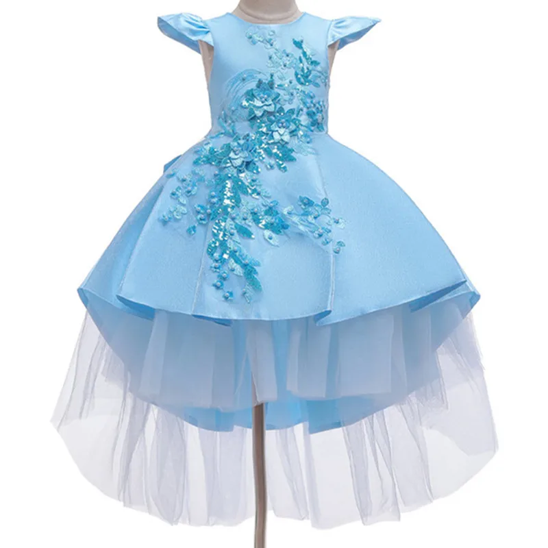 Детские Свадебные пушистые костюмы с цветочным рисунком для девочек; платье со шлейфом для девочек; платье принцессы для подиума; 3-12 лет - Цвет: blue