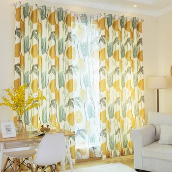 

Lemon Yellow Curtains for Living Room Green Leaf Printed Window Curtain Customized Cortinas Sheer Tulle for Bedroom S093&30