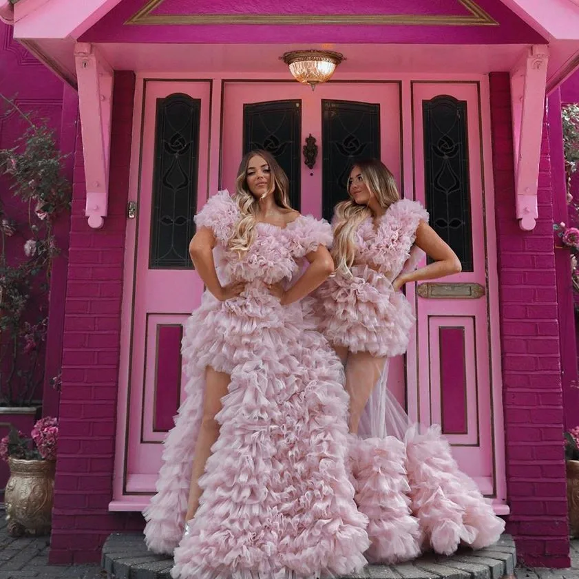 

Sexy Sweet Pink Puffy Ruffles Tutu Formal Party Dresses High Side Split Tiered Lush A-line Prom Gowns Custom Made