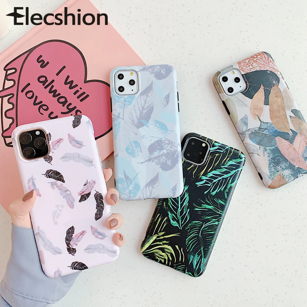Feather Cute Phone Case For Apple iPhone 11 Pro Warm Color Por Max Soft Back Couple Leather Shockproof Flower |