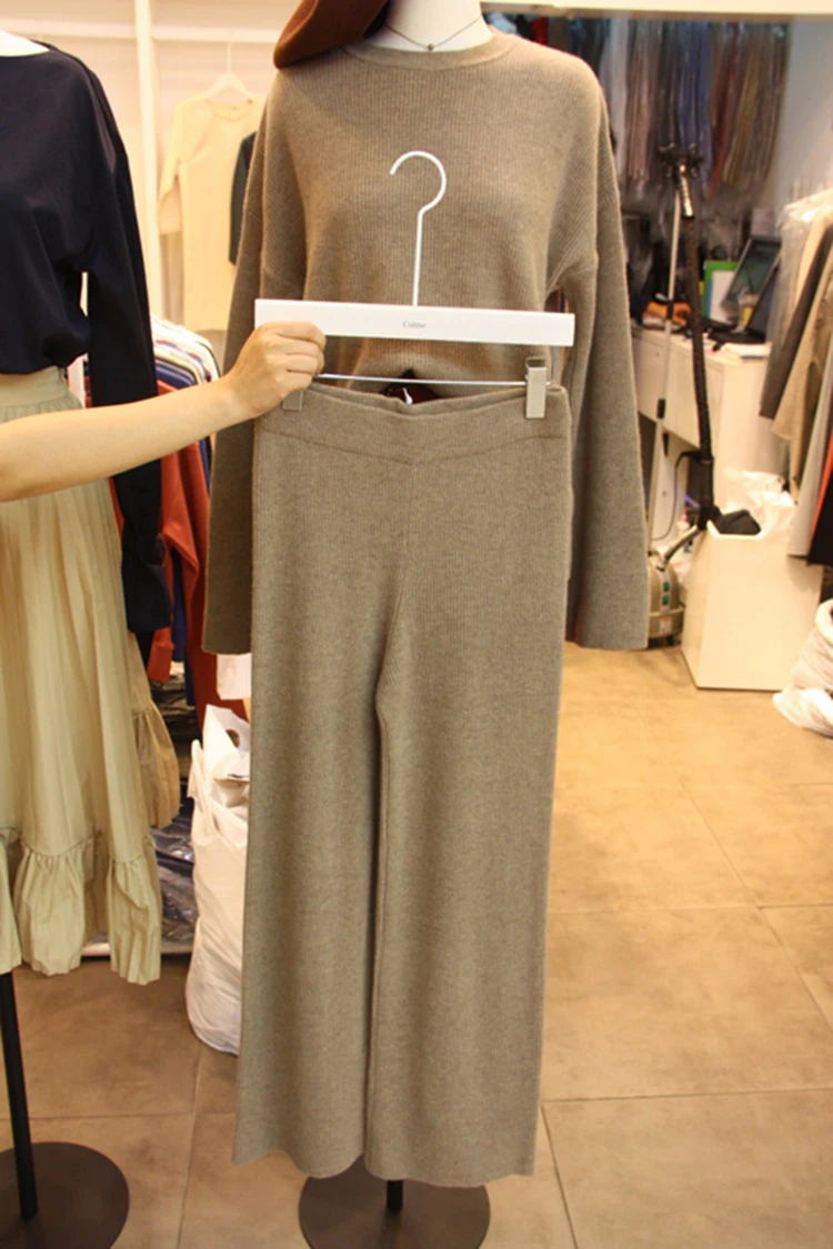 pure goat cashmere knit women fashion wide leg pants full length trousers S-XL retail wholesale customize - Цвет: camel