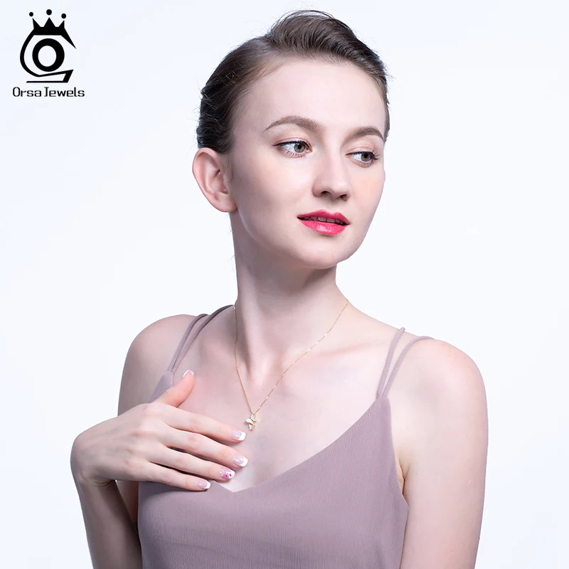ORSA JEWELS Lovely Two Butterflies Pendant Necklace 925 Sterling Silver Cute Pendant Necklace AAAA Zircon Genuine Jewelry SN191