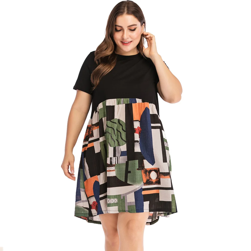 

M To 5XL Plus Size Dress Women Robes Print Short Sleeve Loose Casual Mini Casual Summer Dresses TA488
