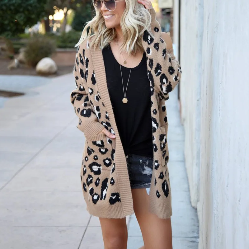 

Savabien Leopard Winter Women Sweater England Style Streetwear Long Sleeve V Neck With Pocket Cardigan Knitted Sweater Female