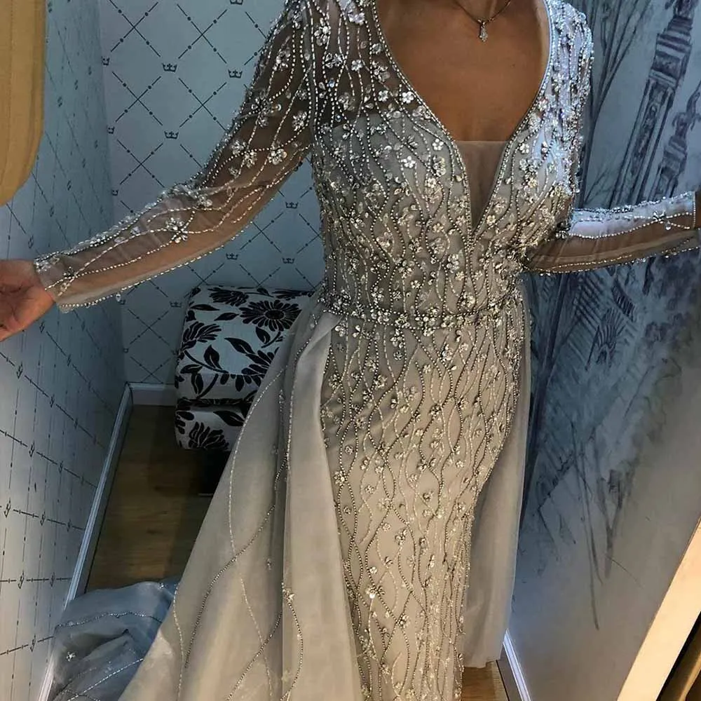 New-Arrival-Silver-Evening-Dresses-Elegant-V-Neck-Long-Sleeve-Tulle-Crystal-Beads-Formal-Dress-Party (3)