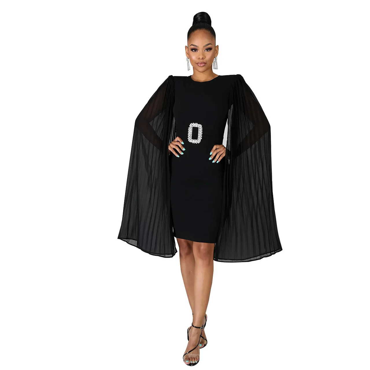 Winter  Office Lady Solid Cloak Sleeves Plain Cape Pencil Elegant Party Dress Vestidos