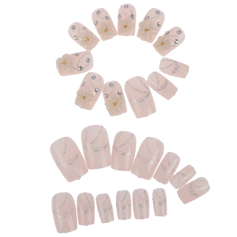 24pcs/set Glitter Pink Nude French Ballerina 3D Bling False Fake Nails Natrual Press On Daily Office Finger Wear UV Nails