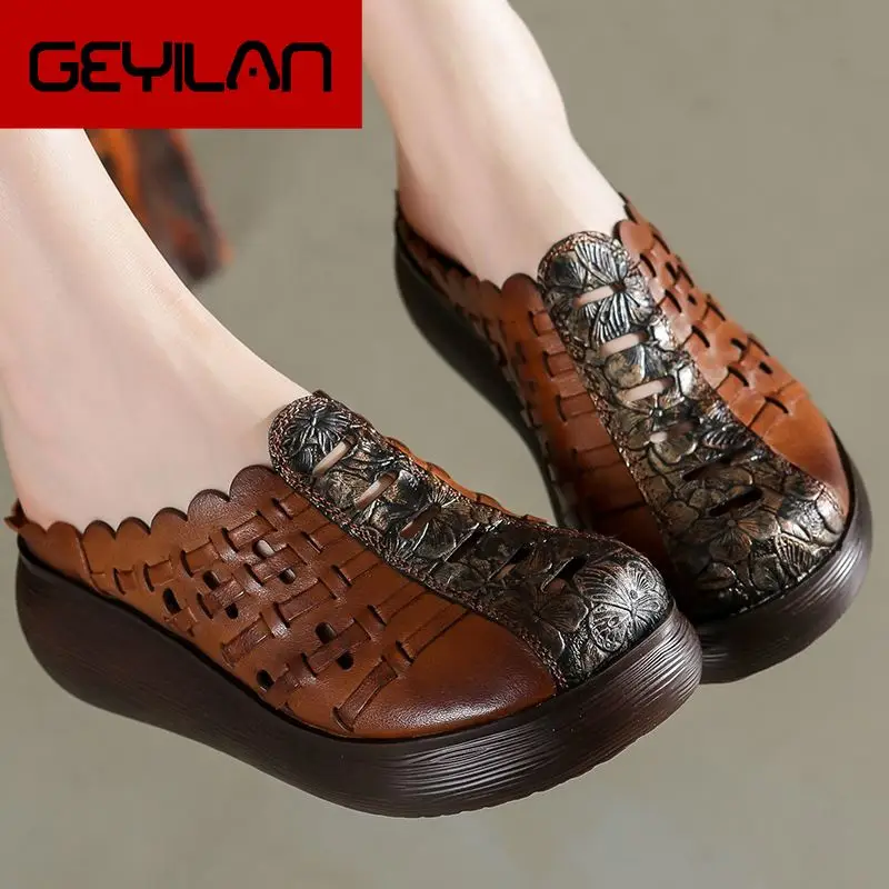 

2020 Retro Slippers Genuine Leather Shoes Handmade Slides Flip Flop On The Platform Clogs For Women Hollow Woman Slipper