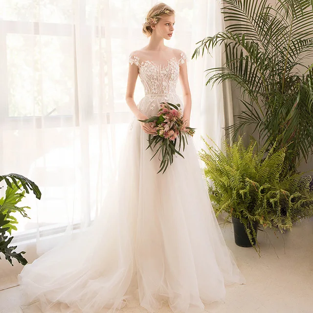 

2020 Fairy A Line Wedding Dresses Sheer Neck Lace Applique Soft Tulle Sweep Train Bridal Gowns Bride Wear