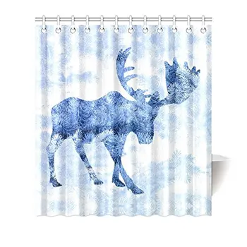 

Beautiful Winter Landscape with Blue Moose Deer Silhouette Home Decor Waterproof Polyester Bathroom Shower Curtain Bath with