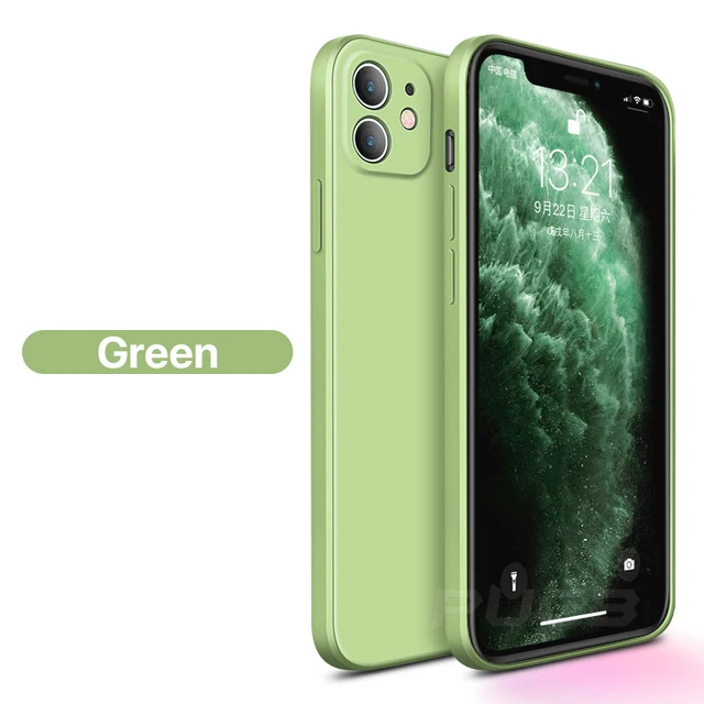 Luxury Square Frame Soft Liquid Silicone Case For iPhone 12 11 13 Pro Max Mini X Xr Xs SE 2 2020 6 6s 7 8 Plus Shockproof Cover Green