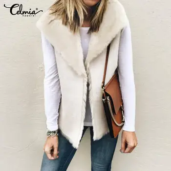 

Celmia Womens Faux Fur Vest 2020 Winter Warm Outwear Solid Casual Coat Female Fleece Jackets Sleeveless Soft Waistcoat Plus Size