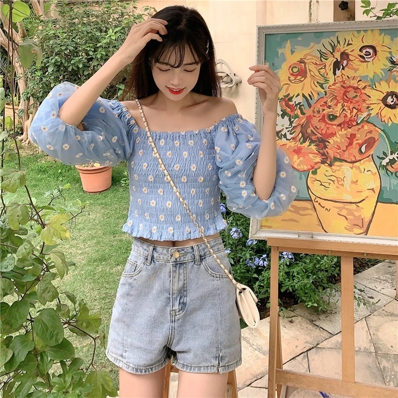 Summer New 2020 Retro Puff Sleeve Embroidered off