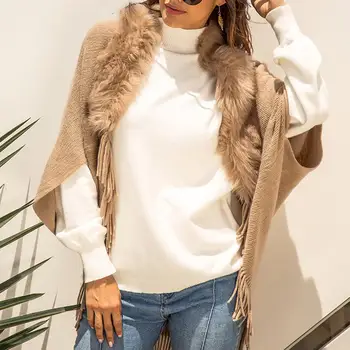 

Winter Warm Shawl Women Casual Fur Collar Cloak Solid Knitted Long Sleeve Top Coat Cardigan Outwear