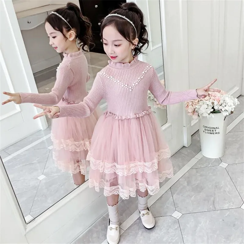 Зимнее платье для девочек, Рождественская одежда, детские вязаные сетчатые осенние платья-свитера, детская одежда принцессы, 4, 5, 6, 7, 8, 9, 10, 11, 12 лет