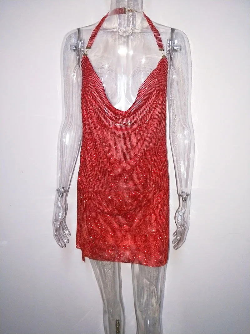 Sparkle Metal Diamond Crystal Party Dress Sexy Backless Halter Red Neck Sequins Christmas Party Club Elegant Dress
