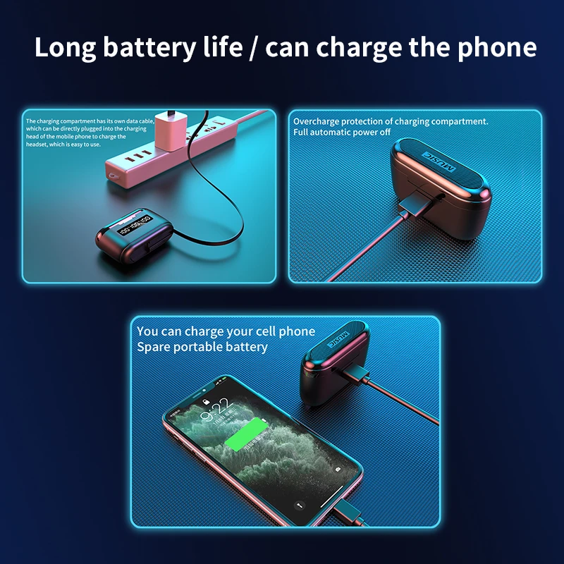 Redução de Ruído Fones de Ouvido Carregamento sem Fio Esportes à Prova Fones com Microfone Caixa Fone Estéreo Dwaterproof Água 9d bt 5.1 3500mah - Image 3