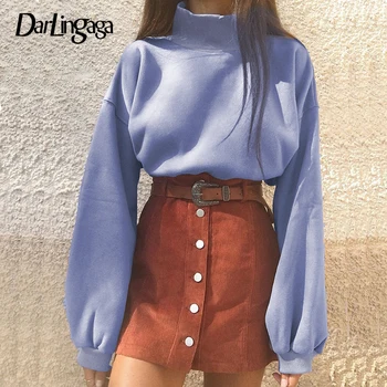 

Darlingaga Korean Casual High Neck Pullover Sweatshirt Tops Lantern Sleeve Harajuku Cropped Sweatshirts Autumn Winter Hoody 2019