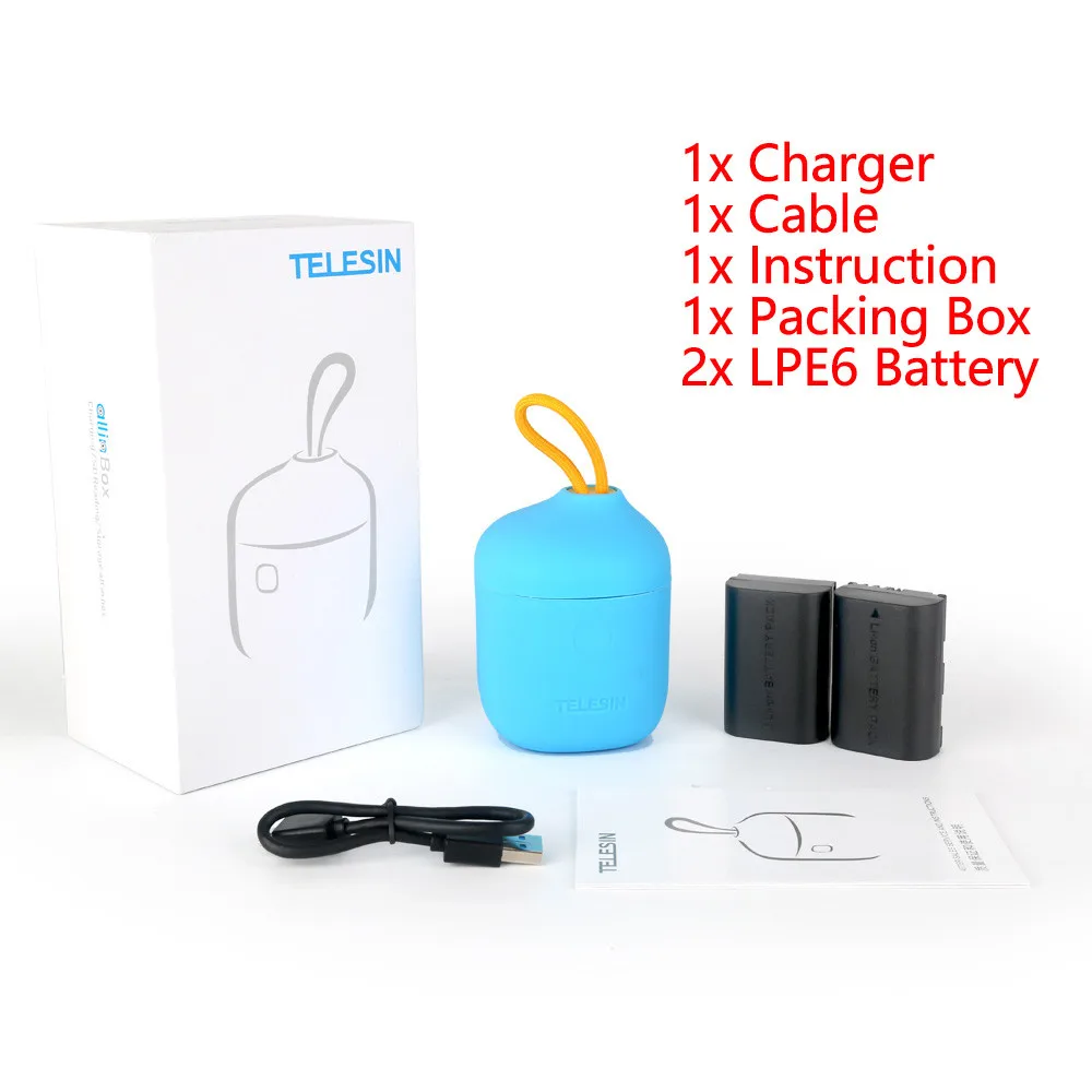 TELESIN 2 упаковки LPE6 батарея и 2 слота зарядное устройство SD кард-ридер коробка для хранения для Canon 5D Mark II III для EOS 6D 7D 80D батарея - Цвет: Charger Set Blue