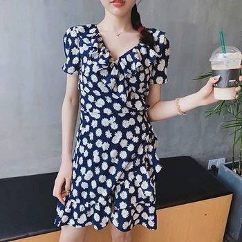 

Women dress Daisy print ruffle short sleeve v-neck slim lady mini dress