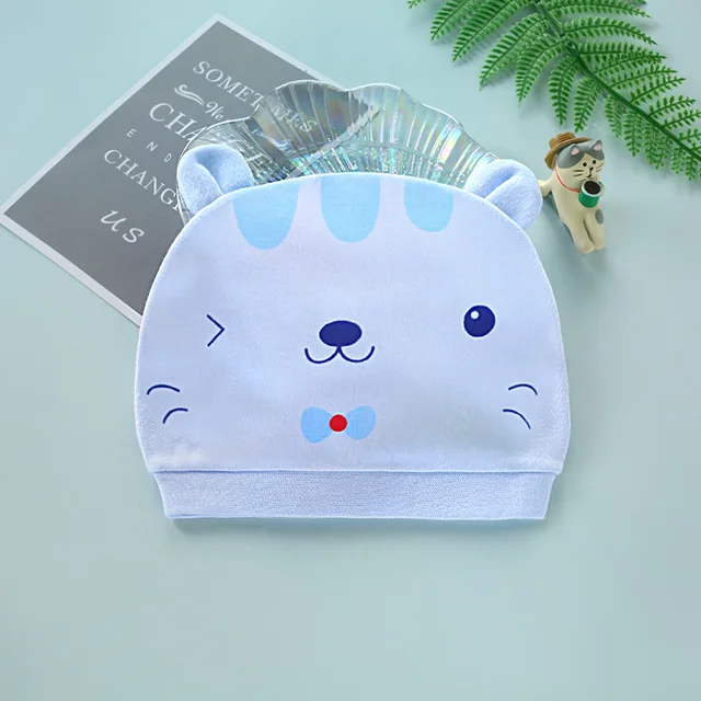 Four Seasons Kids Newborn Baby Hats 100% Cotton Cap 40 Color Cartoon Cute Printed Hat Suitable for 0-12 Months Baby Accessories Cat blue