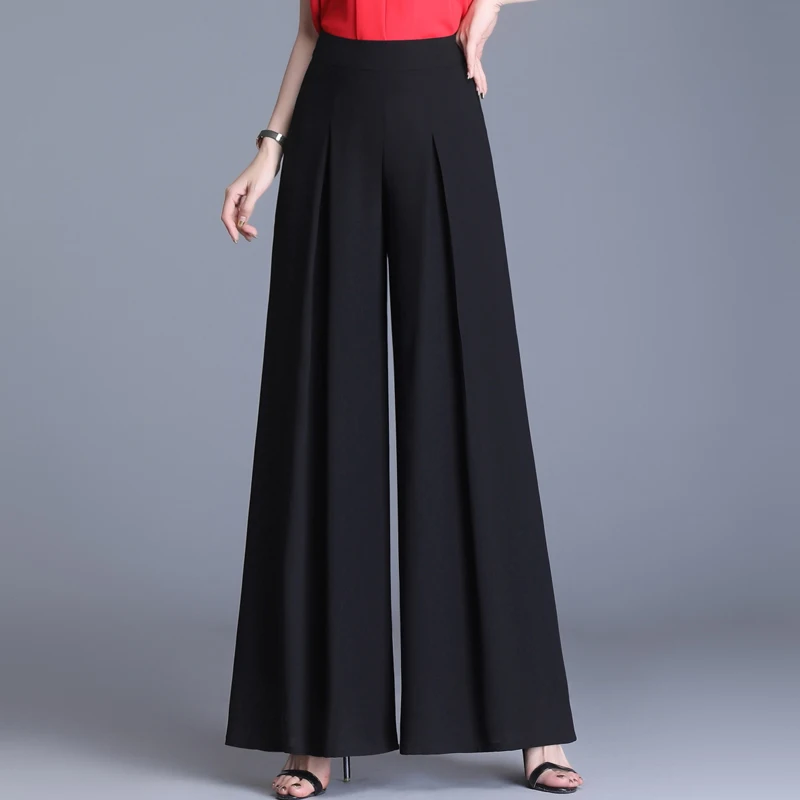 Leg-Pants Long-Trousers Pleated Chiffon Plus-Size Korean Summer Loose High-Waist Wide