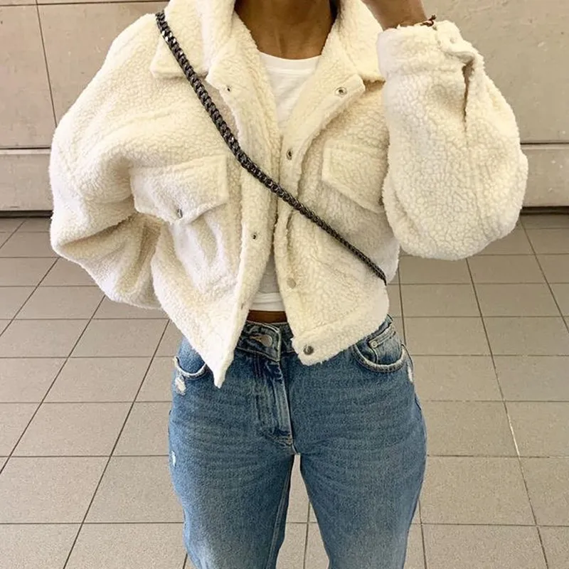 Solid Cropped Teddy Jacket Women 