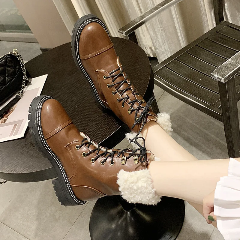 

Heel Boots for Women Round Toe Women Winter Shoes Lace Up Furry Combat Boots Winter Warm Brown Leather Ankle Boots P193