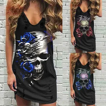Summer Gothic Clothes Summer Dresses For Women 2021 Women Fashion Dress Sleeveless Rose Skull Print O-neck Knee-length Dress 1