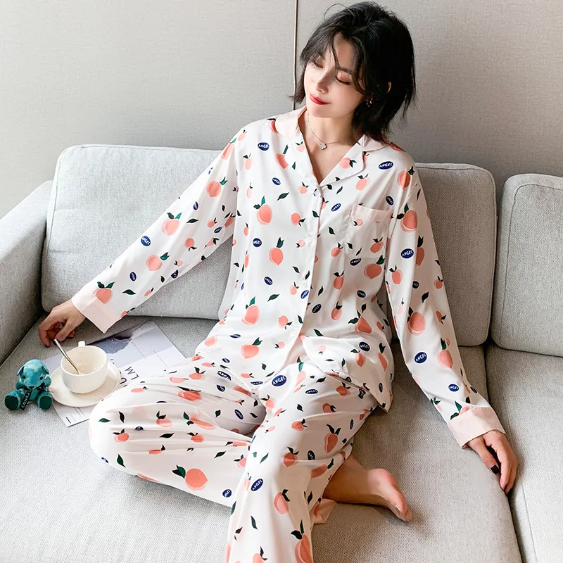 

Ladies pajamas sweet, casual, comfortable, soft cardigan two-piece suit, high-elastic imitation silk home service suit JJF0140