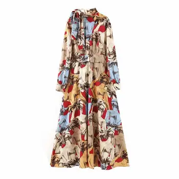 

Stylish Vintage Printed Long Dress for Women Fashion Bow Tie Collar Long Sleeve Dresses Elegant Sashes Robe Femme Sale Items