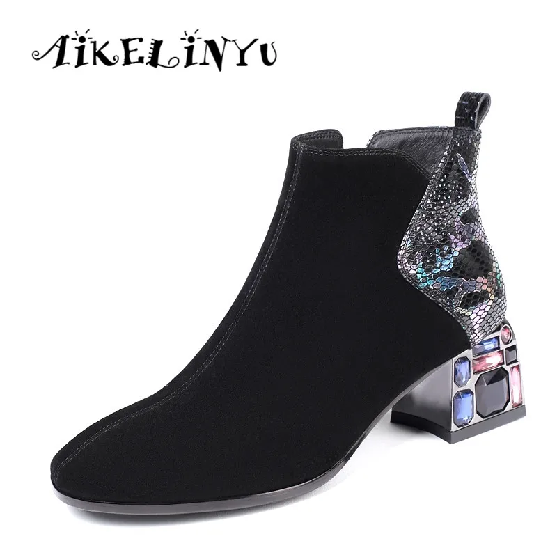 Aikelinyu/модные сапоги на высоком каблуке с кристаллами; женские ботильоны с квадратным носком; женская обувь из овечьей кожи; женская обувь для вечеринок; зимняя обувь
