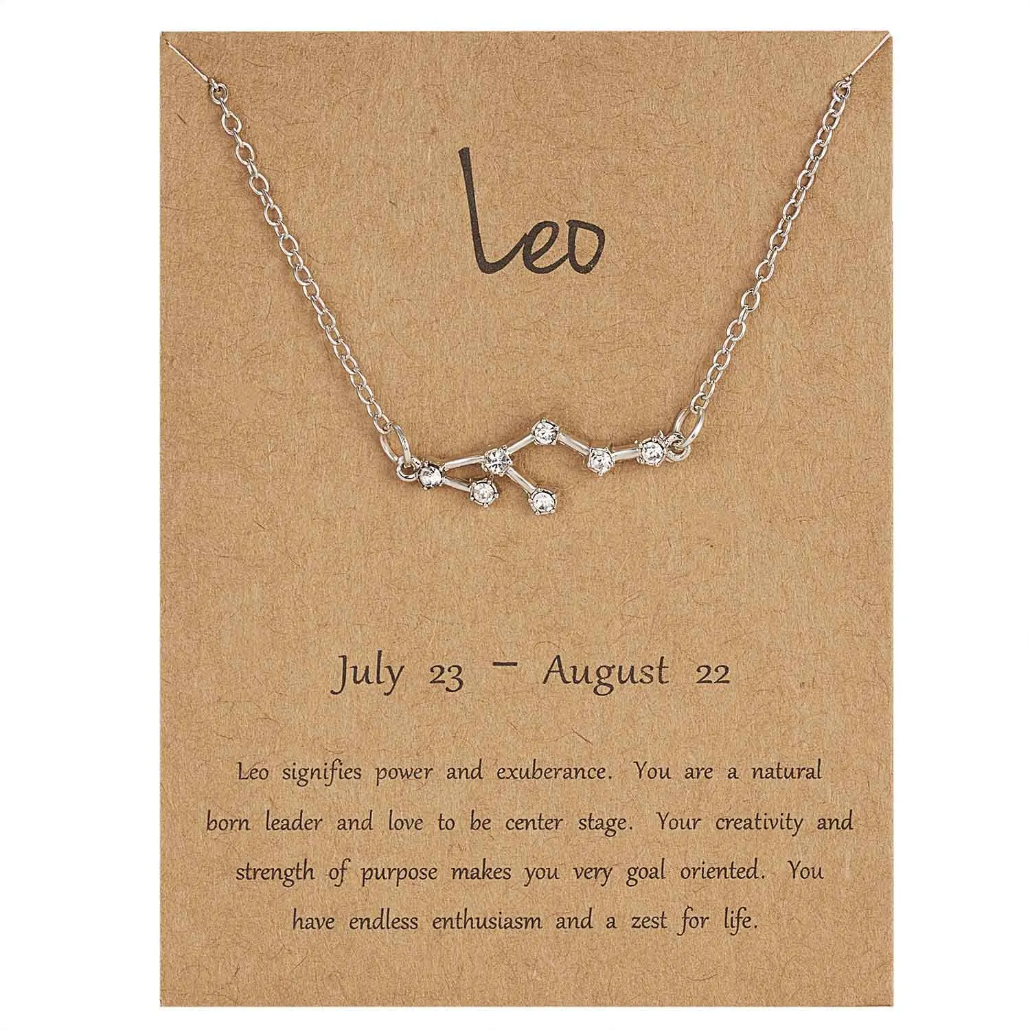 Rinhoo 12 Constellation Necklace Zodiac Sign necklace with Card Pendant Necklace charm Message Card Birthday Gift for Women Girl - Окраска металла: silver Leo