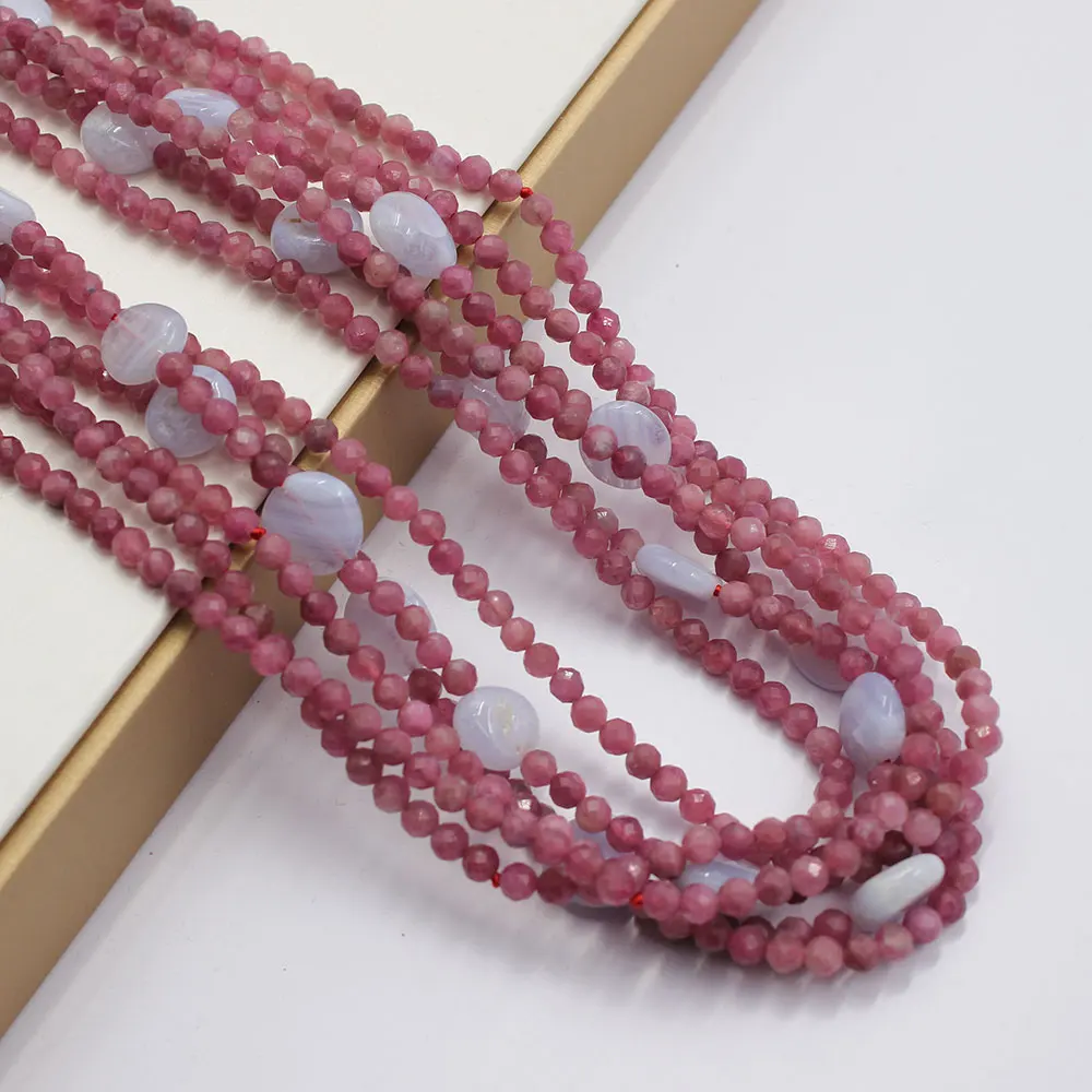 6 Strands Red Round Faceted Tourmalines Blue Agate Chalcedony Necklace Fashion Jewelry
