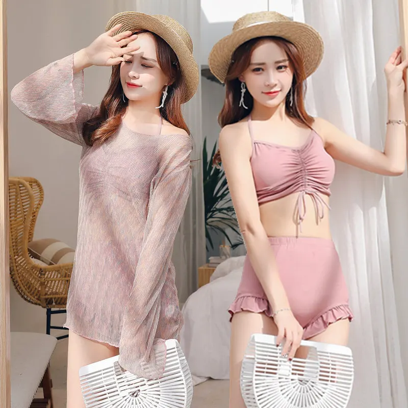 

Bathing Suit Women's South Korea Skirt Split Type Three-piece Set Hipster Small Bust Large Bust Underwire Push up High-waisted B