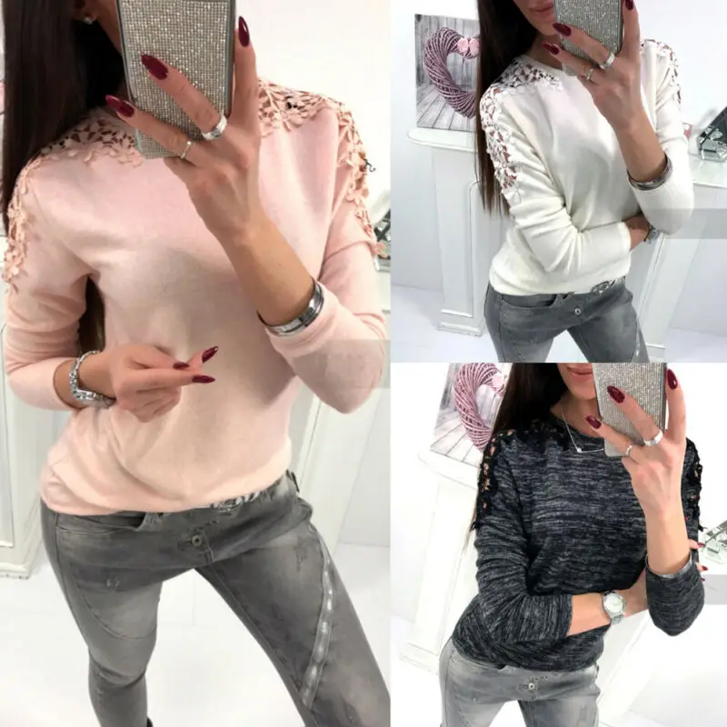 

Ladies Casual Warm Autumn Top Long Sleeve Women O-Neck Lace Top Loose