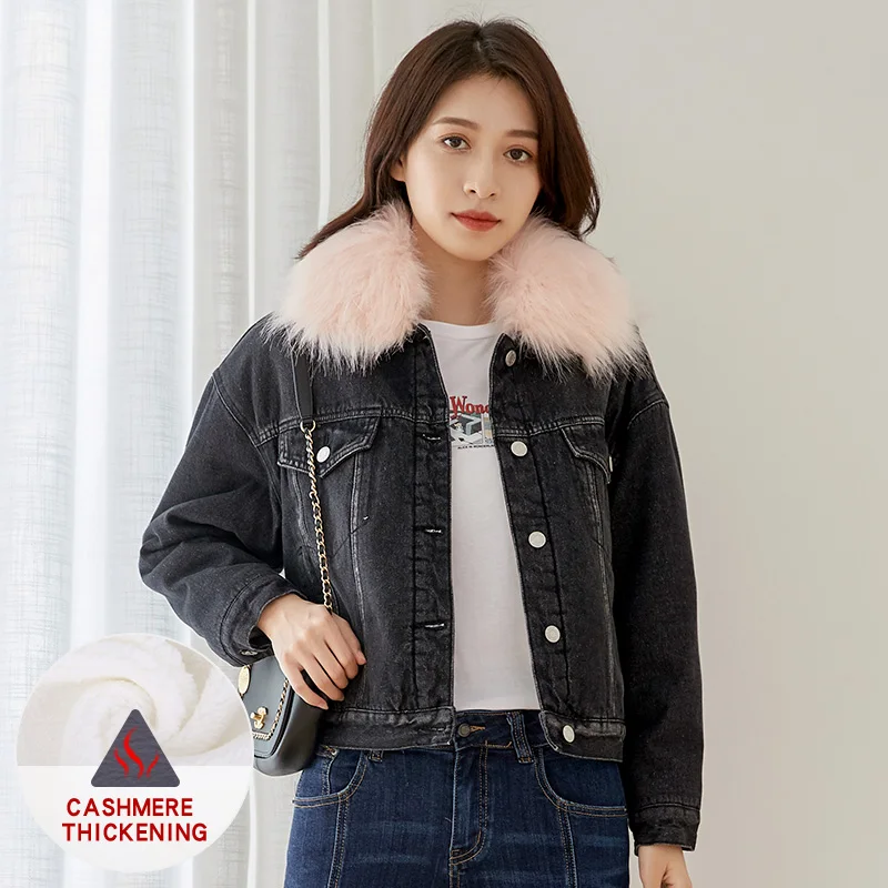 LEIJIJEANS, зимняя теплая куртка для девушек, зима-осень, съемный большой меховой воротник, пальто для девочек, джинсовая куртка, базовое Женское пальто, большое - Цвет: black 9228