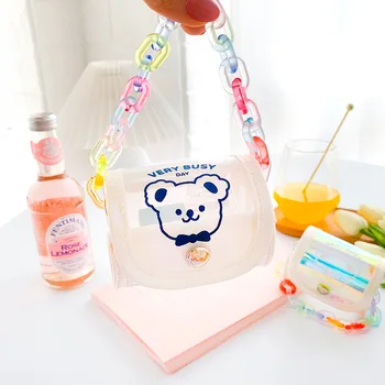 

Cartoon Bear Coin Purses Women Pu Rainbow Chain Headphone Bag Zipper Kawaii Laser Coin Pouch Mini Wallet