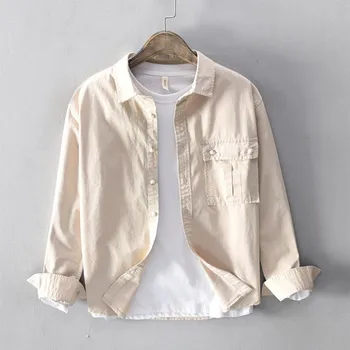 

Spring autumn new men's cotton casual shirt loose solid color long sleeve simple versatile Hong Kong Children's art shirt tops
