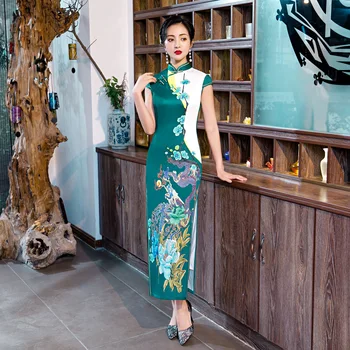

Plus Size 5XL Women Elegant Dresses Chinese Cheongsam Long Satin Dress Banquet Qipao Flower Chinese Dresses Qipao Robe Orientale