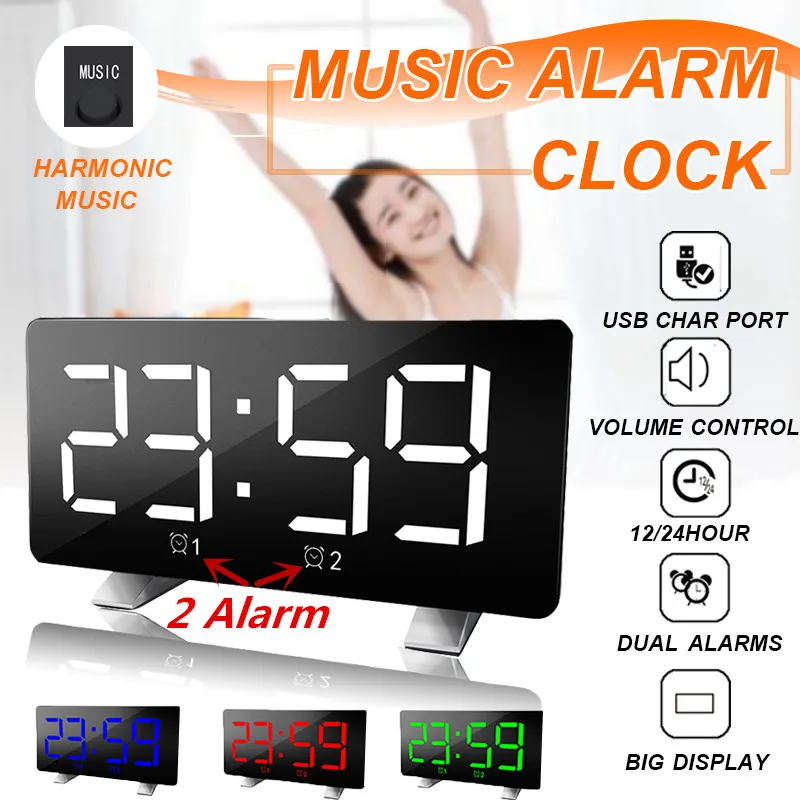

Music+FM Radio Digital Alarm Clock LED Mirror Clock Multifunction Snooze Display Time Night LCD Light Table Desktop USB Cable