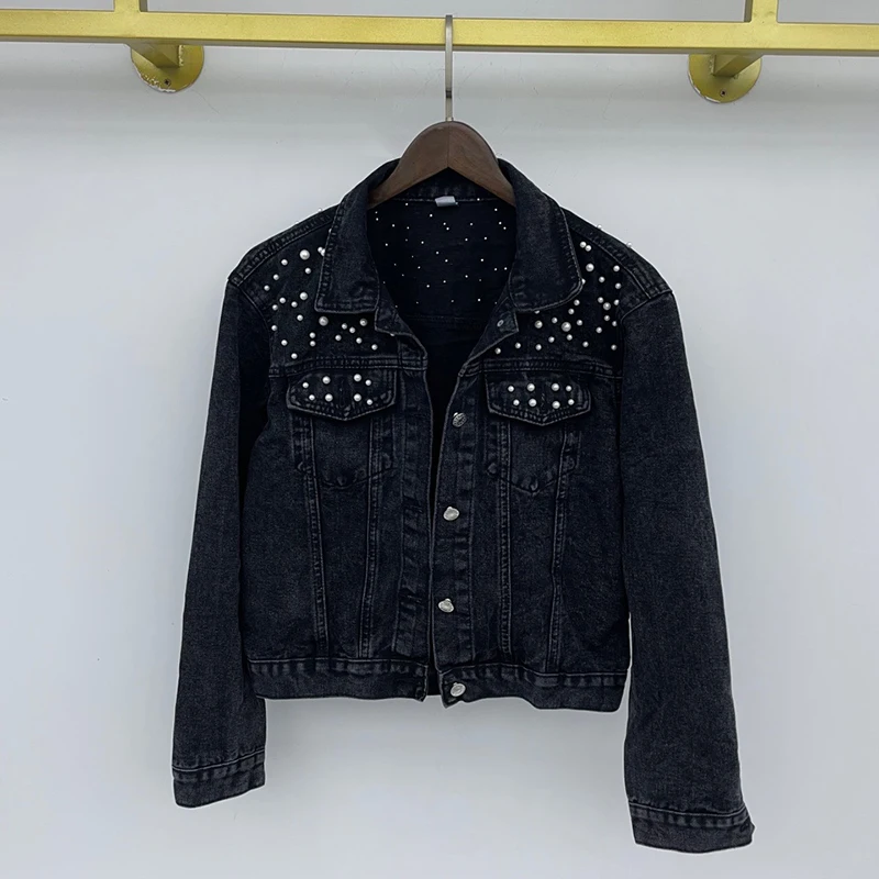Women Pearl Embellished Denim Jacket With Long Sleeve JKP4722