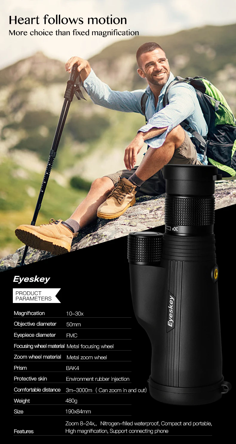 Eyeskey 8-24X30 Монокуляр зум водонепроницаемый телескоп для охоты оптика Высокая мощная HD ночное видение BAK4 призма военный путешествия