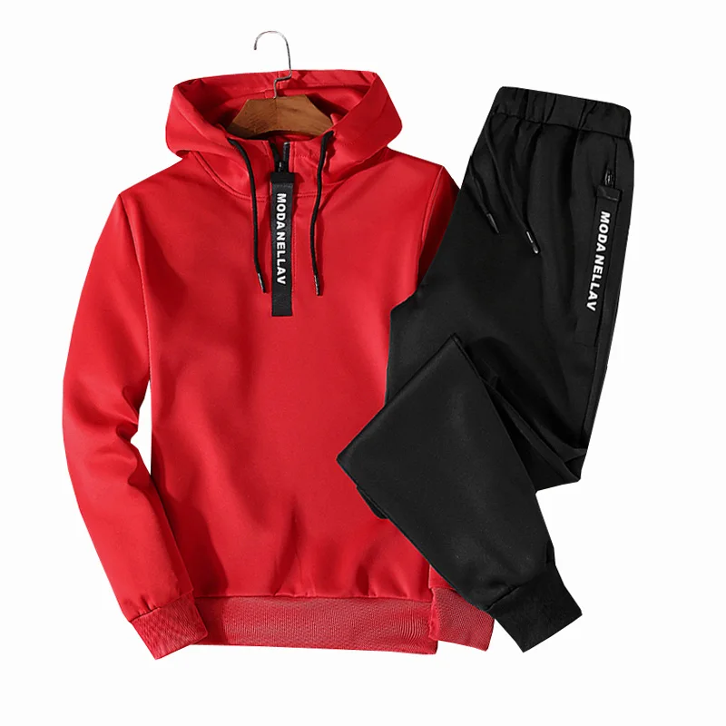  2019 2PC Hoodies Men Spring Autumn Fleece Liner Hooded Sweatshirts + Sweatpants Male Brand Streetwe