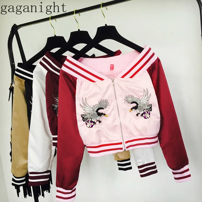 

Gaganight Crane Embroidery Off Shoulder Women Jacket Zipper Long Sleeves Short Coat Patchwork Spring Autumn Fashion Outwear Chic
