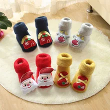 1 пара, носки для новорожденных мальчиков с изображением Санта-Клауса, носки для новорожденных, новогодние носки для малышей, зимние теплые домашние тапочки для младенцев, Нескользящие, с рисунком